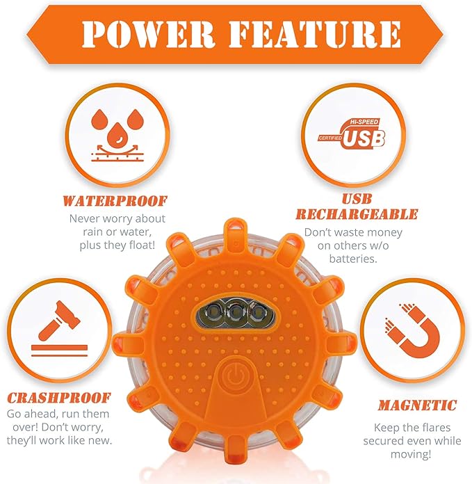 USB Rechargeable LED Road Flares Emergency Lights-Roadside Warning Car Safety Beacon Flashing Disc Flare Kit with Magnetic Base for Vehicles & Boat | 6 Beacon Disc Pack