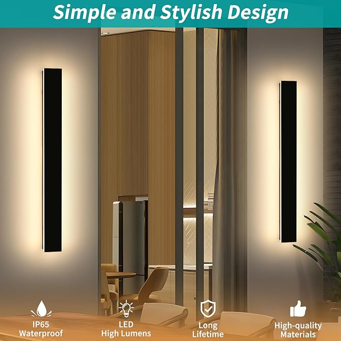 Mikeru 2 Pack 39.3inch Modern Outdoor Wall Sconce, 3000K/4500K/6000K 3 Color Temperature LED Exterior Light Fixtures, Modern Long Porch Lights Wall Sconce for Garage, Doorway, Porch, Patio