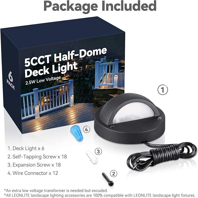 LEONLITE Update 5CCT LED Low Voltage Deck Lights, 180LM 3.74inch Landscape Step Railing Fence Light, 12-24V AC/DC, CRI90, Die-cast Aluminum Housing & Frosted Glass Lens, UL Cord, Black, Pack of 6