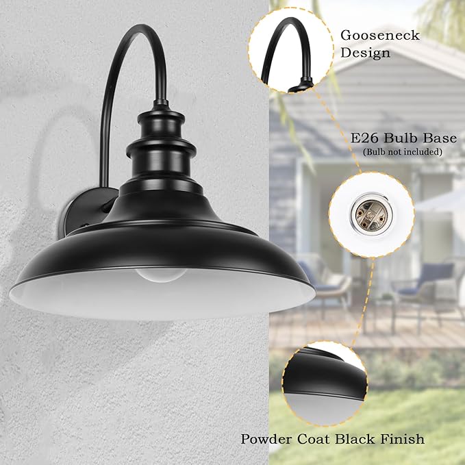 Dusk to Dawn Sensor Outdoor Barn Light Fixture, 12.3 Inch Dome Farmhouse Outdoor Wall Sconce, Gooseneck Exterior Wall Mount Light, Industrial Black White Finish Wall Lantern for Porch, DDRZ004 BK+WH