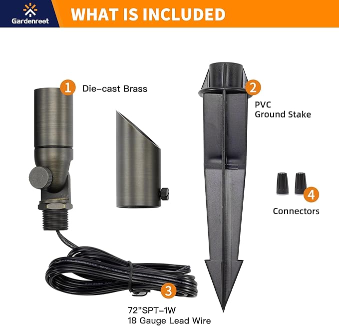 Gardenreet Brass Landscape Lighting - Outdoor Low Voltage Spotlights Wired, MR8 Low Light 12V LED Uplights, Waterproof Spot Lights, Bronze for Outside Shrub Without Bulb (4 Pack)
