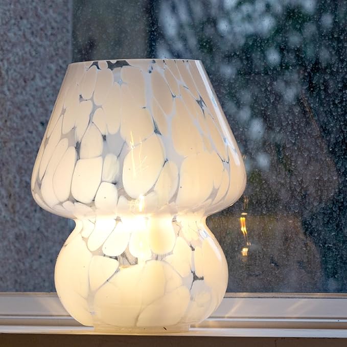 Battery Operated Mushroom Lamp Cordless Lamp,Cute Glasss Mushroom Table Lamp Aesthetic,for Livingroom,Dining Room,Indoor Outdoor Murano Style,Buld Included (White with Dot)