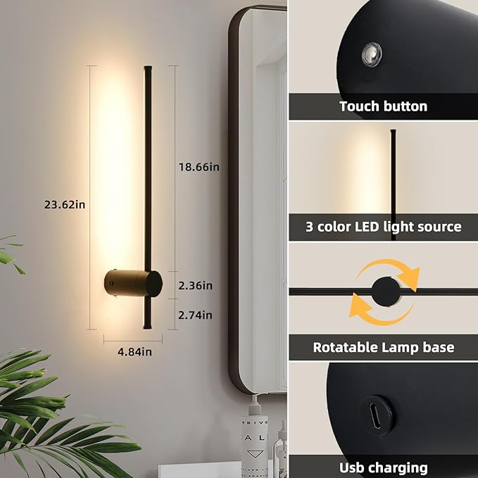LED Wireless Wall Sconce with Remote Control, Dimmable/350° Rotate/Timing/USB Rechargeable Battery Powered Indoor Wall Lamps, 23.6 inch Black Wall Lights Set of Two for Hallway, Living Room, Bedroom