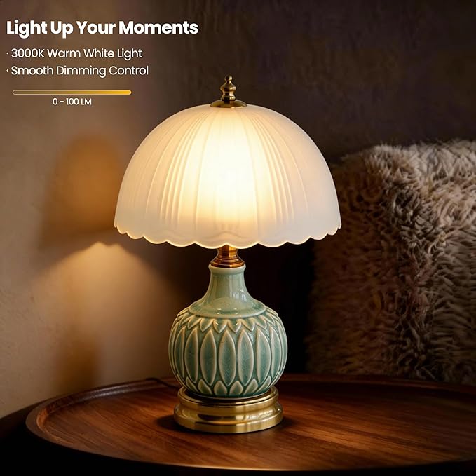Ceramic Pattern Table Lamp with Frosted Glass Lampshade, Desk Bedside Small Lamps with 6ft Power Cord for Living Room Night Stands Bedroom (Bamboo Leaf)