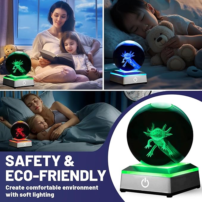 3D Axolotl Crystal Ball Night Light With LED Colorful Touch Base - 3.15 Inch Glass Ball Lamp for Birthday, Christmas - Cool Toy Gifts for Boys Girls Kids - Axolotl Figurines Home Decor