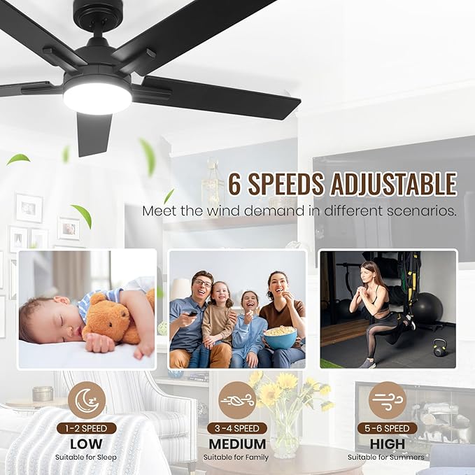 Ceiling Fans with Lights, 52 inch Black Ceiling Fan with Light and Remote Control, Reversible, 3CCT, Dimmable, Noiseless, Small Ceiling Fan for Bedroom, Indoor/Outdoor Use
