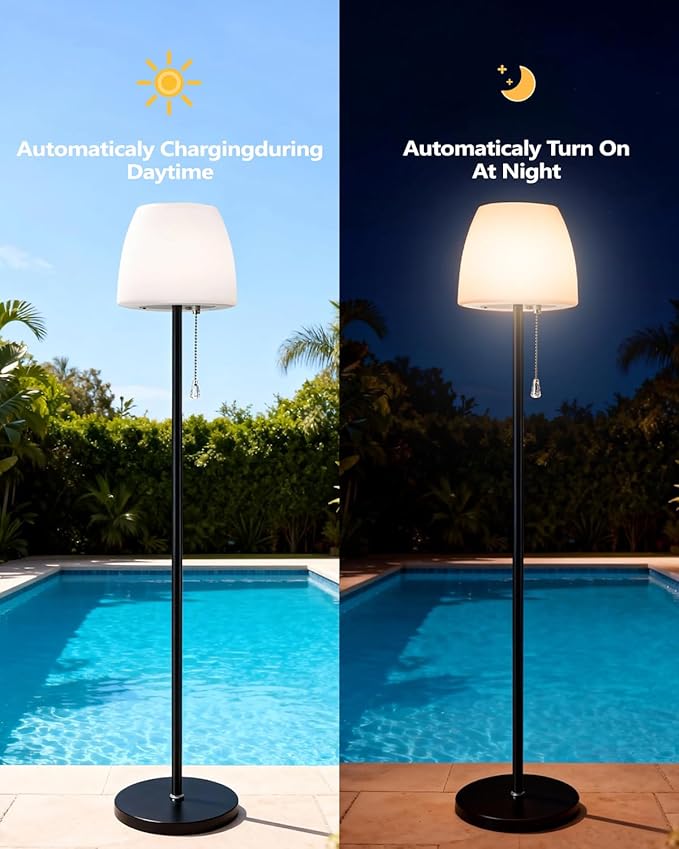 Solar Outdoor Floor Lamp - lP65 Waterproof, USB Rechargeable, 16 Colors & 4 Modes,Cordless Floor Lamp, Light Sensor & Remote Control, Adjustable Height for Garden, Yard, Balcony, Pool