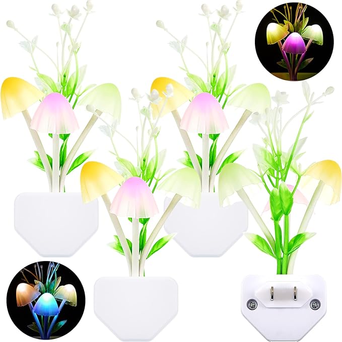 Mudder 4 Pcs Sensor Mushroom Night Lights LED Night Lights 7 Color Changing Plug-in Light Sensor Wall Lamp for Adults Bedroom, Bathroom, Christmas Party Gift(Float Grass Style)