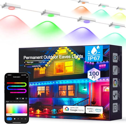 100FT Permanent Outdoor Lights Pro, RGBIC Smart Eave Lights with App/Remote Control, IP67 Waterproof, 44 Scene Modes with 40lm RGB for Outdoor Decorations, Christmas, Halloween