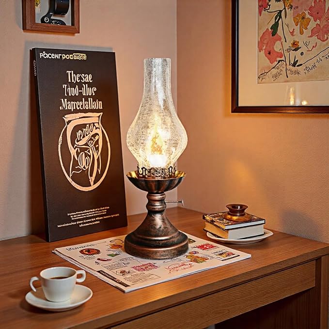 Vintage Table Lamp - 3 Modes Dimmable Retro Rustic Desk Lamp with Crackle Glass Shade, Antique Victorian Style, E26 Bulb Included, Ideal for Bedroom, Living Room, Home Decor (Transparent Glass)