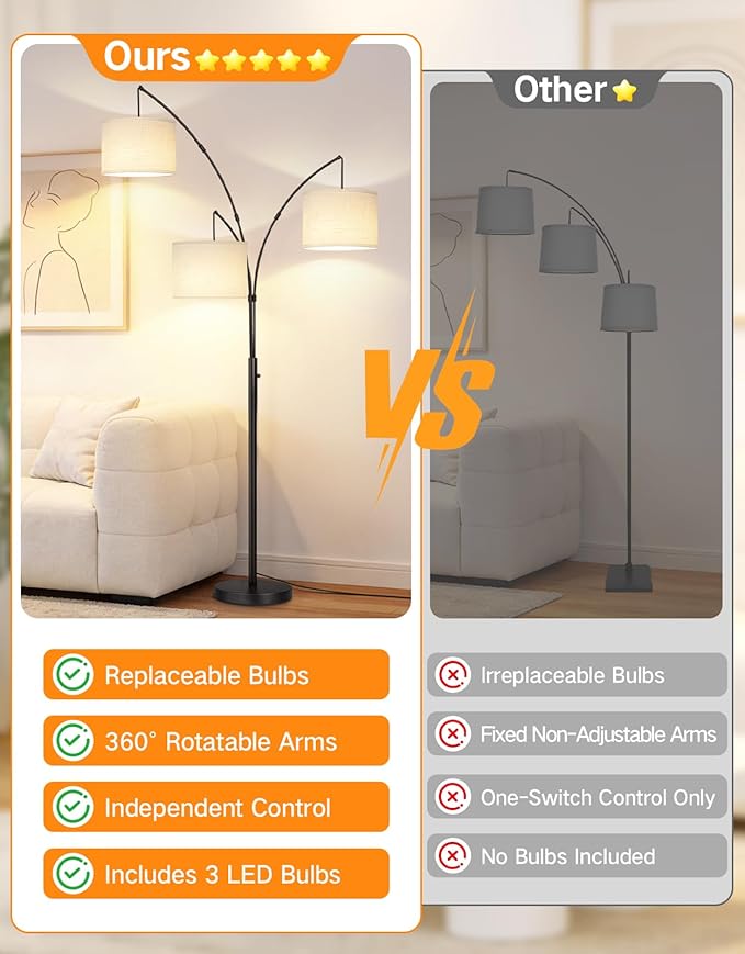 OUTON Arc Led Floor Lamp, Modern Black 3 Light Tall Floor Lamp for Bedroom, 2400lm Mid Century Adjustable Standing Corner Lamps for Living Room Office, 3 LED Bulbs Included, White Lampshade