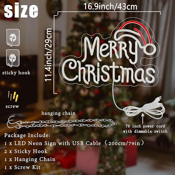 Merry Christmas Neon Signs, Warm White Christmas Neon Light with Santa Hat,USB Powered Dimmable LED xmas Lights Sign for Bedroom Home Living Room Party New Year Festival