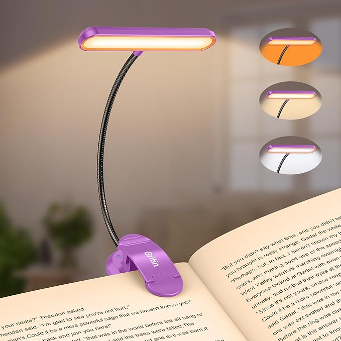 Gritin Rechargeable Book Light for Reading in Bed with 19 LED &Memory Function-Eye Caring 3 Color Temperatures,5 Brightness Levels,90 Hrs Runtime Flexible Goose Neck Clip on Light-Dark Purple