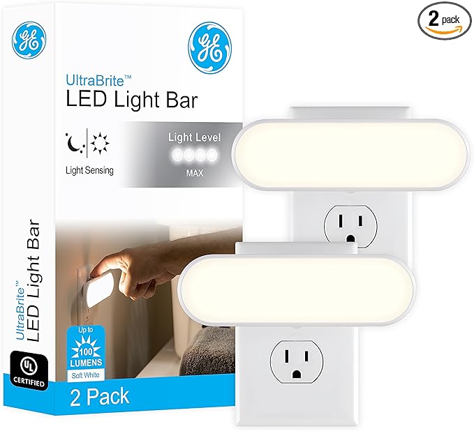 GE Ultrabrite LED Light Bar Night Lights Plug Into Wall Room Decor Ambient Lighting Dusk to Dawn Sensor Bright Nightlight, White, 100 Lumens, 2 Pack