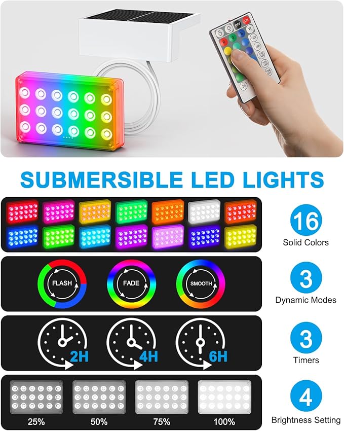 Solar Powered Underwater LED Submersible Pool Lights with Remote Control, IP68 Waterproof RGB 16-Color Changing Lights for Inground/Above Ground Swimming Pools, Outdoor Pond Decor & Party (2Pack)