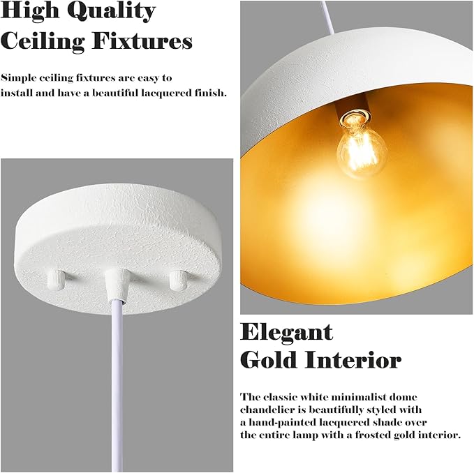 16” Large Dome Pendant Light Fixtures, White and Gold Hemispheric Pendant Lights Kitchen Island, Modern Adjustable Hanging Ceiling Light Chandelier for Kitchen Island Living Room Dining Room, 2 Pack