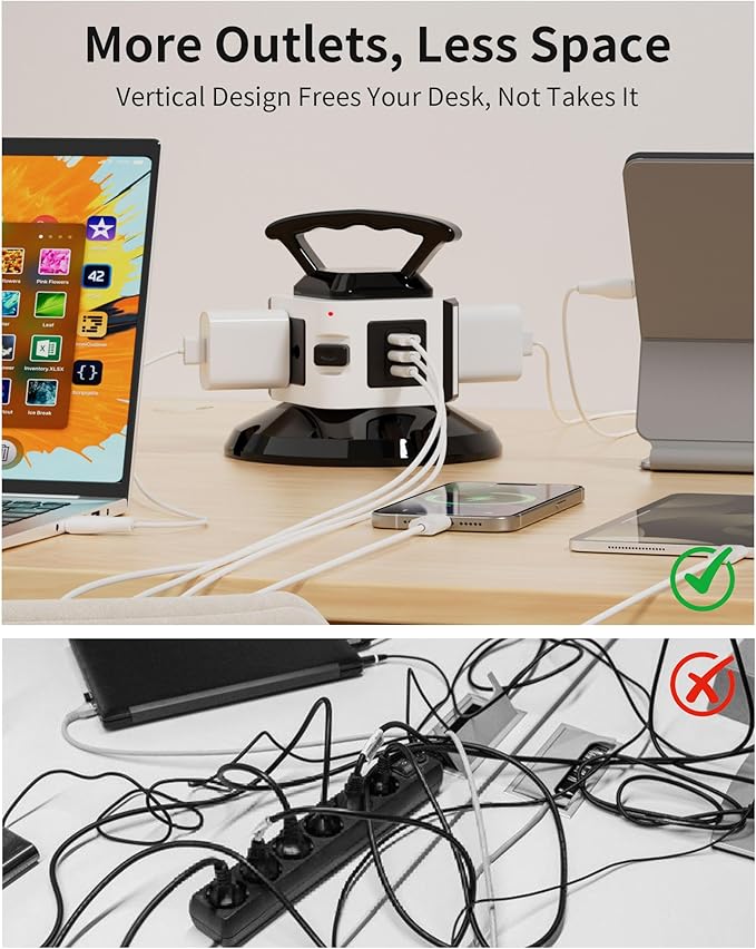 Power Strip Tower with 3 Outlets, 2 USB-A & 1 USB-C Ports, 1875W/15A Heavy Duty Charging Station for Multiple Devices, Plug Tower with 6ft Extension Cord, for Home, Office, Dorm