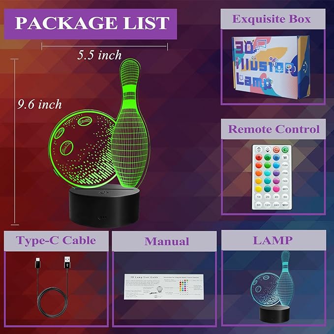 Bowling Night Light, Bowling Gifts, 3D Night Light with Remote Control, 16 RGB Colors, 4 Flashing Modes, Timer, Bowling Room Decor