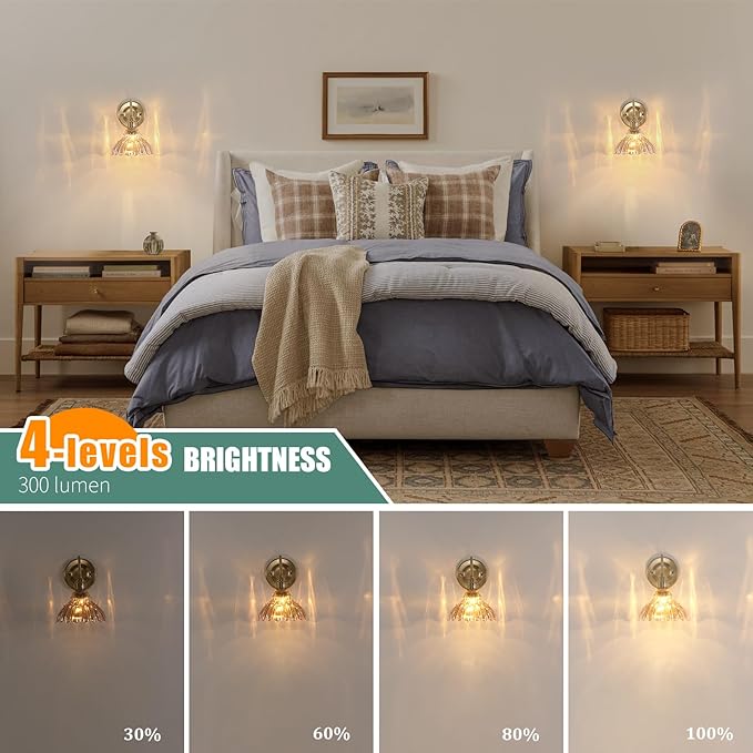 Battery Operated Wall Sconce Set of 2, Vintage Rechargeable Wall Lights with Amber Lily Glass Shade, Wireless Indoor Wall Lamp with Remote for Bedroom Living Room Bathroom