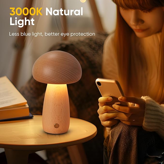 Wooden Mushroom Lamp for Bedroom, Portable Cordless Small Rechargeable Battery Operated Lamp,Stepless Dimming, Night Light for Birthday Gifts