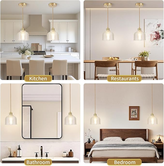 2Pack Industrial Pendant Lighting, Modern Clear Glass Shade Farmhouse Adjustable Hanging Light Fixtures for Kitchen Island Living Room Bedroom Hallway Gold and Clear