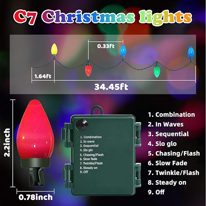 C7 100 LED Battery Operated Christmas Lights,Battery Powered Waterproofing Bulbs,34FT 8 Modes with Auto On/Off Time for Xmas Tree Garden Patio Indoor Outdoor Christmas Decor(Multicolor)