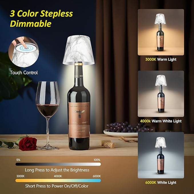 2025 New Bottle Lamp - LED Bottle Lights for Liquor & Wine Bottles, Cordless Lampshade, Whiskey Bottle Top Light, Bottle Stopper Night Light Kit, Rechargeable 3-Tone Touch-Dimmable