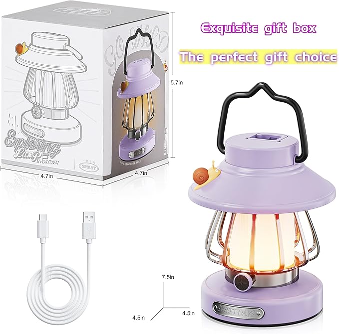 HOMY Snail Camping Lantern for Kids Rechargeable Portable Night Light with 3 Colors & Dimmable, Outdoor Camping Gear, Indoor Bedroom Tent Nightlight Gift for Toddlers