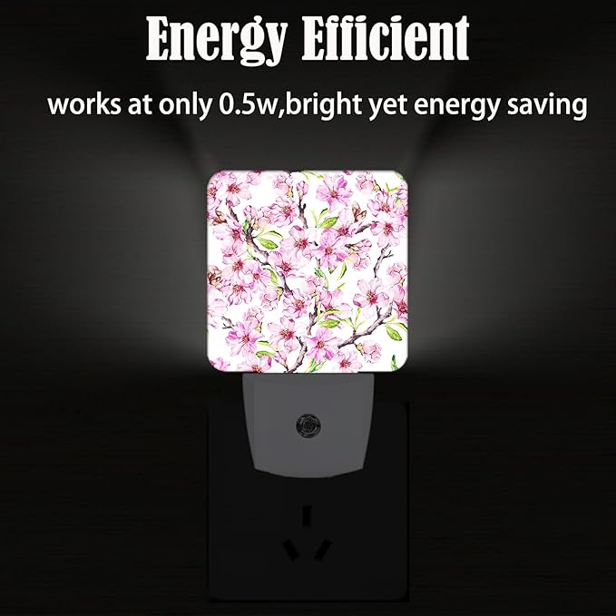 Spring Flowers Blossom Night Light,Plug Into Wall for Boys Girls Bedroom Decorative Square Night Light Lamp 0.5w Sleep Friendly