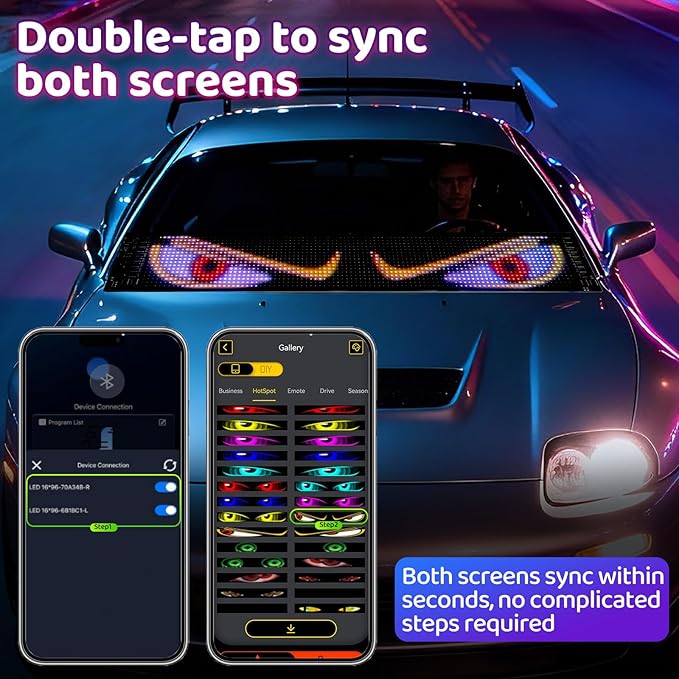 Eyes Led Lights for Cars 2PCS - 14.72x3.62In Customizable Display, USB Powered, App/Remote Control, Synced Dual Screen Led Windshield Eyes for Cars/SUVs/Medium Trucks
