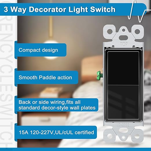 Greencycle Black 3 Way Light Switch,2PK Three Way Single Pole Switches, 15A 120-277V Rocker Paddle Wall Switch,On Off Switches, Self-Grounding, UL Certified,Residential and Commercial Grade