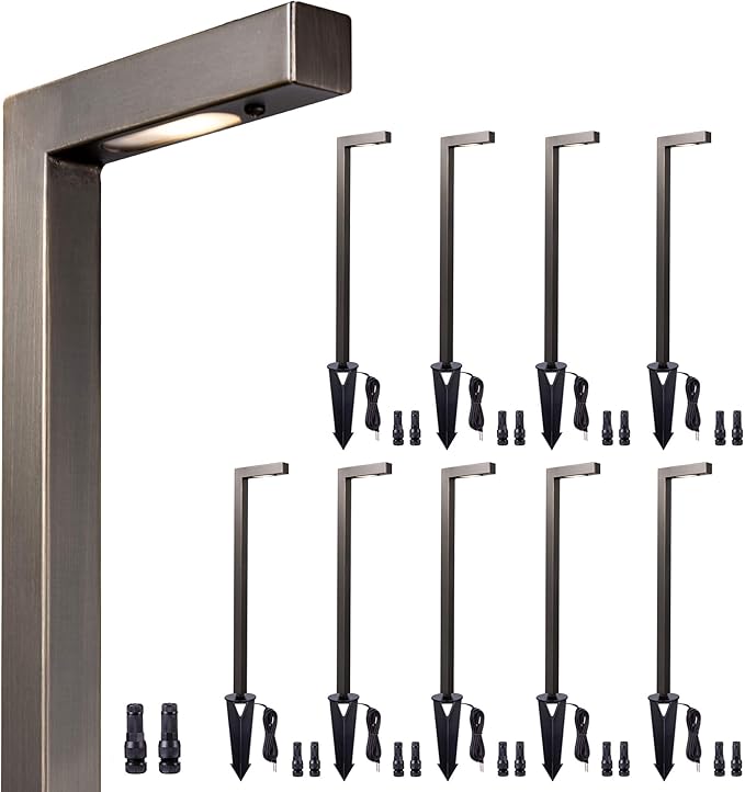 Gardenreet Brass Landscape Path Lights, LED 12V Low Voltage Pathway Lights Wired, Modern Outdoor Garden Lights Waterproof, L Shape Bronze for Patio Lawn Without G4 Bulb 10 Pack