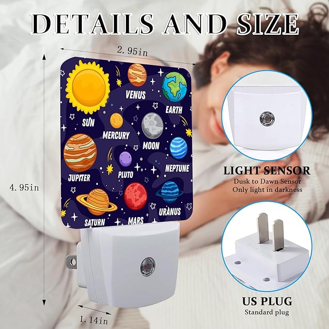 Colorful Planet Space Night Light, Plug-into Wall Solar System Nightlight Lamp with Dusk to Dawn Sensor, Led Lamp 0.5W Energy Efficient for Boys Girls Adults Home Decor