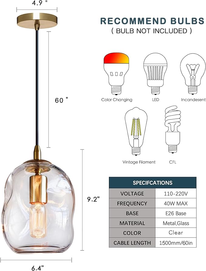 CASAMOTION Modern Glass Pendant Light Kitchen Island Gold and Clear Organic Globe Ceiling Hanging Fixtures Art Glass Industrial Design Dining Room Sink Bar Counter Porch Small Medium Lamp 8 Inch H
