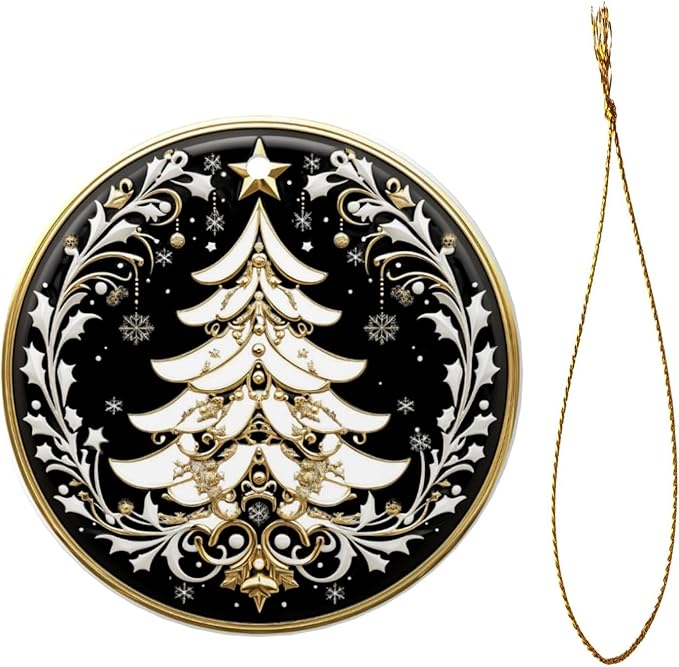 Tribal Bohemian Tree Christmas Ornaments, Christmas Decorations Xmas Tree Hanging Ornaments, Round Ceramic Festive Keepsake Gift for Xmas Decorations Holiday Home Decor
