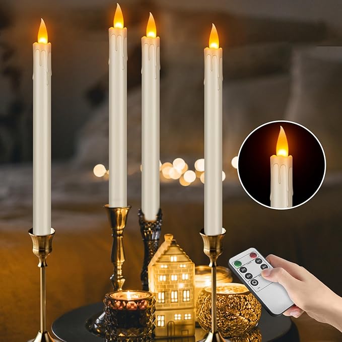 Flickering Flameless Taper Candles, 10" Fake Taper Candles Battery Operated with Timer, Long Lasting-Ivory Electric Led Candlesticks for Xmas Halloween Wedding Home Décor(Ivory Drip, 12 Pack)