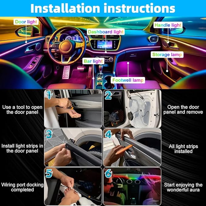 Acrylic Interior Car Ambient Lighting Kits, LED Strip Lights with Wireless APP, Neon Fiber Optic Lights Function LED Strip for Car with Music Modes (18 in 1)