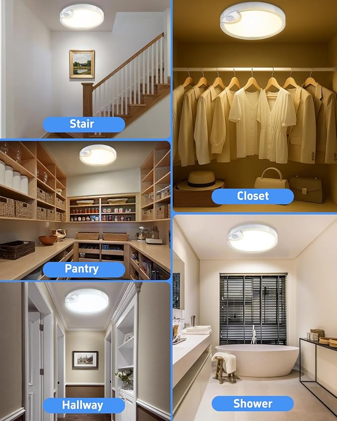 TOOWELL Rechargeable Motion Sensor Ceiling Light: Battery Operated Shower Light Waterproof, Wireless Closet Lights Indoor, Motion Sensor Lights for Closet Shower Bathroom Porch 500LM, 2 Pack