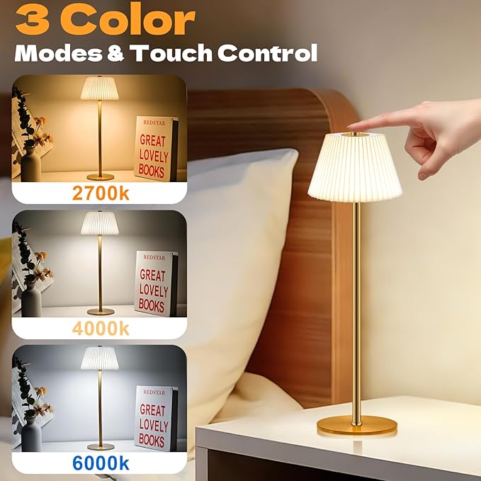 Cordless Small Table Lamp, 4000mAh Rechargeable Battery, Touch Control 3-Color & Stepless Dimming, Portable LED Mini Lamp with Beige Shade for Bedroom, Office, Dining Table, Outdoor Camping