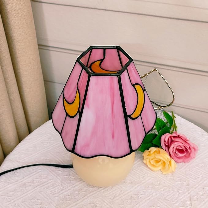Mushroom Lamp Tiffany Lamp Stained Glass Table Lamp Moon Cute Small Bedside Lamps for Living Room Home Decor,Unique Aesthetic Home Living Room Decor Girls Women Birthday Day Gift,Pink