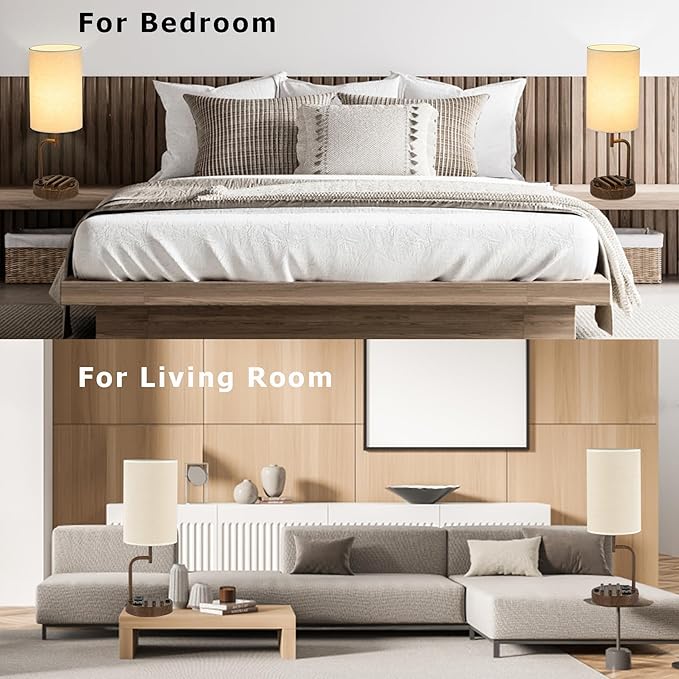 Dreamholder Table Lamp with 3 USB Charging Ports, Modern Desk Lamp with AC Outlet and Phone Stands, Perfect Bedside Lamp for Bedroom, Living Room, Office (Pack of 2), Walnut