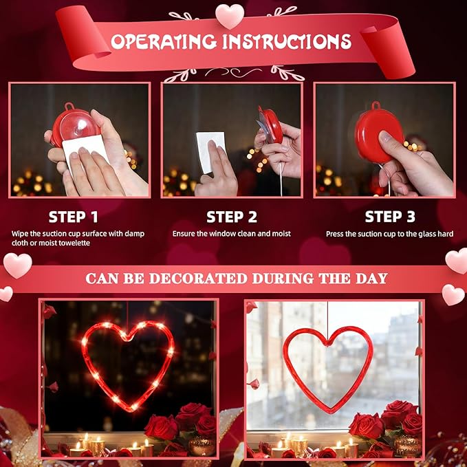 LOLStar Valentines Day Window Lights Decor with Timer, 3 Pack Battery Operated Red Heart-Shaped Window Decorations Silhouette Sucker LED Lamp Slow Fade Mode Romantic Light for 2026 Holiday Indoor Home