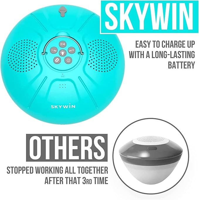 Skywin Floating Pool Speaker with Lights, Wireless Waterproof Bluetooth Speaker for Pool - Dual 5W Sound, Touch Controls, Rechargeable Shower Speaker, Inflatable Hot Tub Accessories for Pool Parties