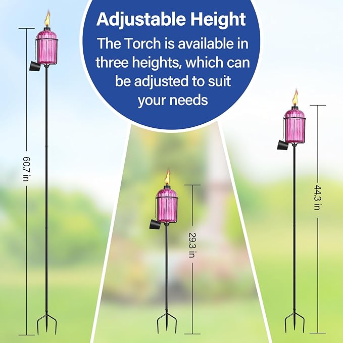 4 Pack Glass Garden Torch, 13.5 oz Colorful Outdoor Torch Garden Décor, 61-Inch Upgraded Citronella Torches with 3-Prong Grounded Stake, Metal Light Torches for Party Patio Pathway