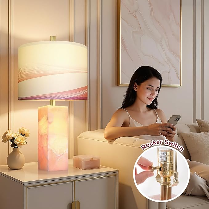 Scenekoy 23" Alabaster Table Lamp Set of 2 with Night Light for Bedroom Living Room, Rotary Switch, Pink Modern Table Lamp with Linen Shade, Nightstand Lamps for Room Bedside Office (Bulb Included)