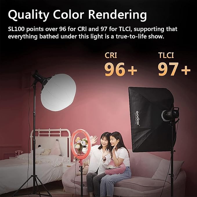 Godox SL100Bi 100W Bi-Color LED Video Light, 32100Lux@1M with APP Control, 2800K-6500K CRI/TLCI 96+/97+ Studio Light, 11 FX Effects Studio LED Continuous Video Light Bowens Mount