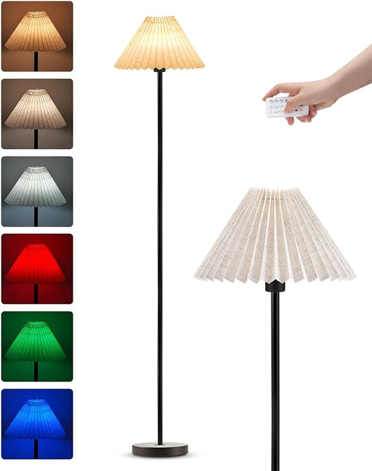 UMEXUS Cordless Floor Lamp for Bedroom, Rechargeable Battery Operated with Remote & Timer, Dimmable RGB, Pleated Standing Light Small Corner Pole Lamps for Living Room Bedside Outdoor Patio Home Decor
