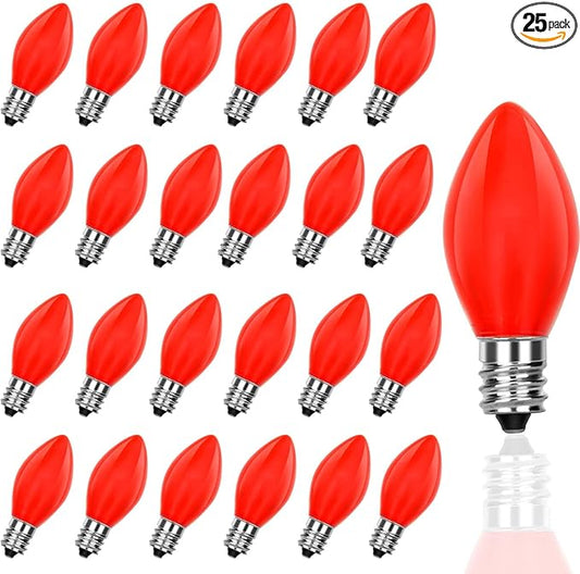 25 Pack Christmas Light Bulbs, C7 Ceramic Red Replacement Bulbs, C7 Outdoor String Lights Replacement Bulbs, C7/E12 Candelabra Base, 5 Watt