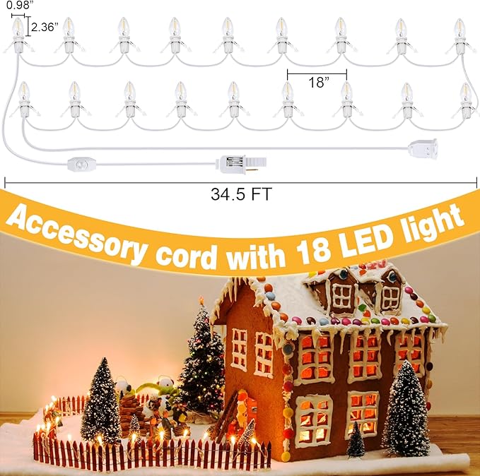 Meonum Christmas Village Lights Accessory Cord with 18 LED Light Bulbs, 34.5 FT C7 LED Lights with Dual Fuse and Switch Compatible with Dept 56 Christmas Holiday Craft Project Decor