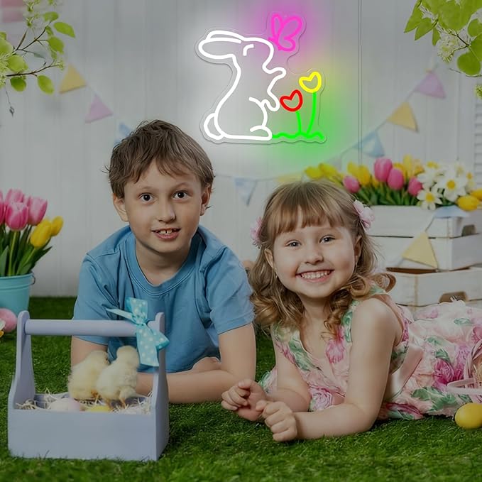 Spring Bunny & Butterfly & Tulip Flower Neon Sign Dimmable Easter Bunny Led Sign Cute Spring Rabbit Neon Light Sign Easter Window Lights Gardening Gifts
